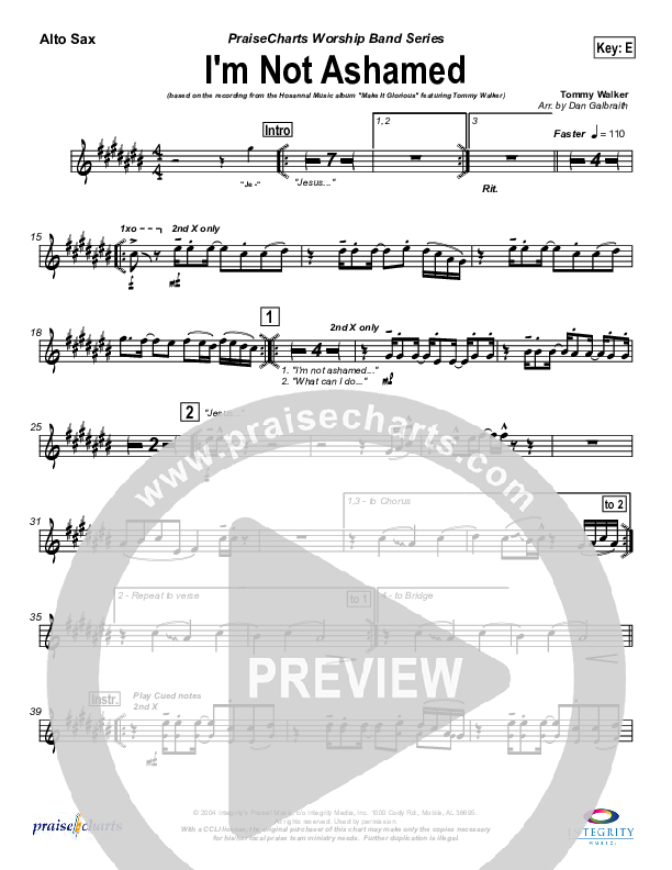 I'm Not Ashamed Alto Sax (Tommy Walker)