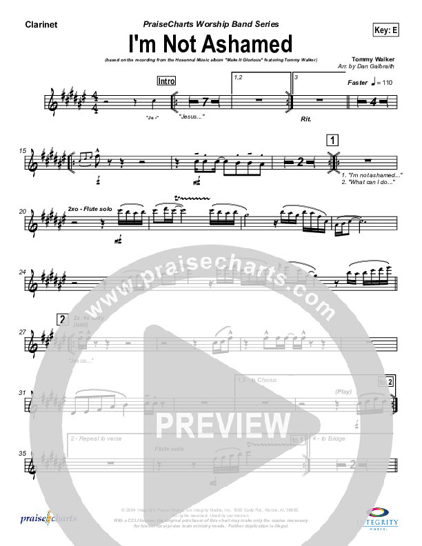 I'm Not Ashamed Clarinet (Tommy Walker)