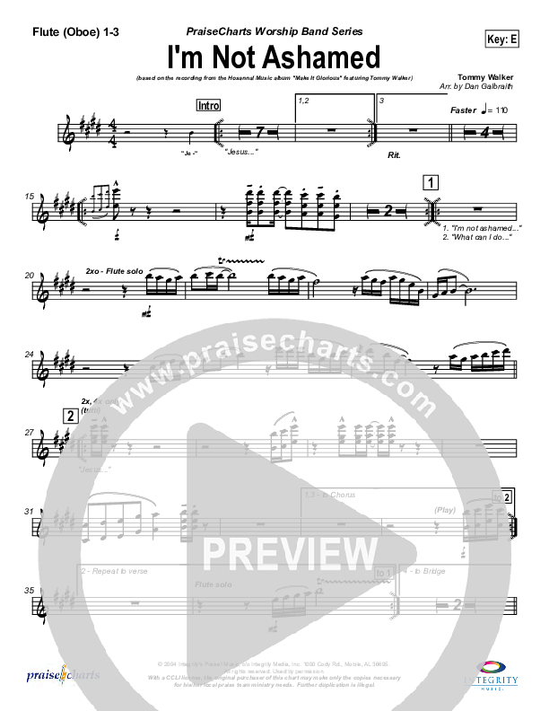 I'm Not Ashamed Flute/Oboe 1/2/3 (Tommy Walker)