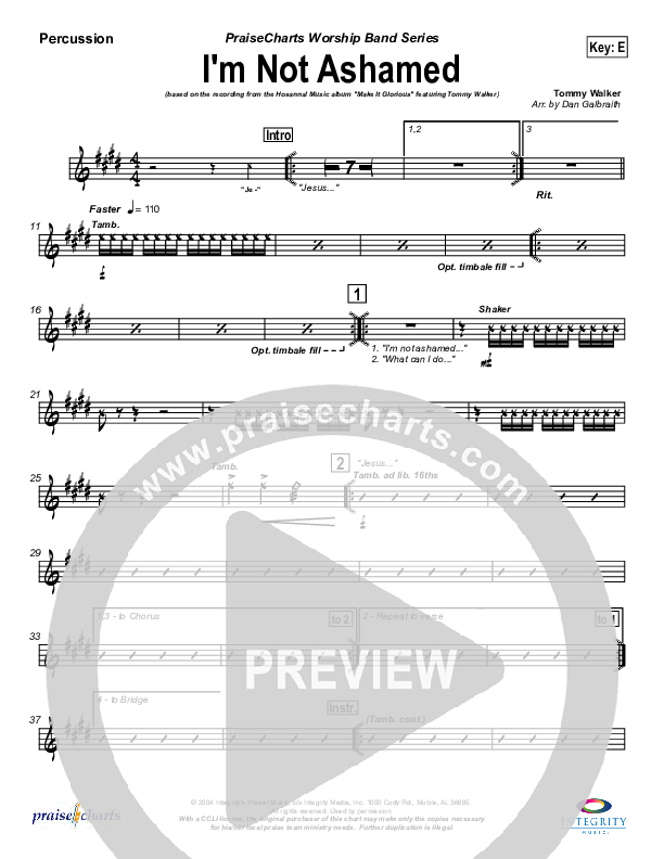 I'm Not Ashamed Percussion (Tommy Walker)