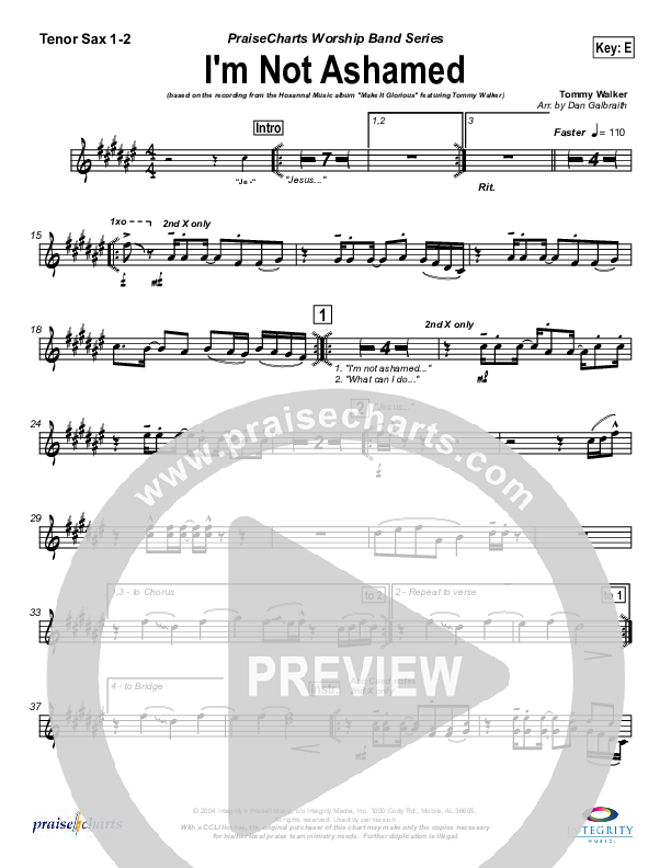 I'm Not Ashamed Tenor Sax 1/2 (Tommy Walker)