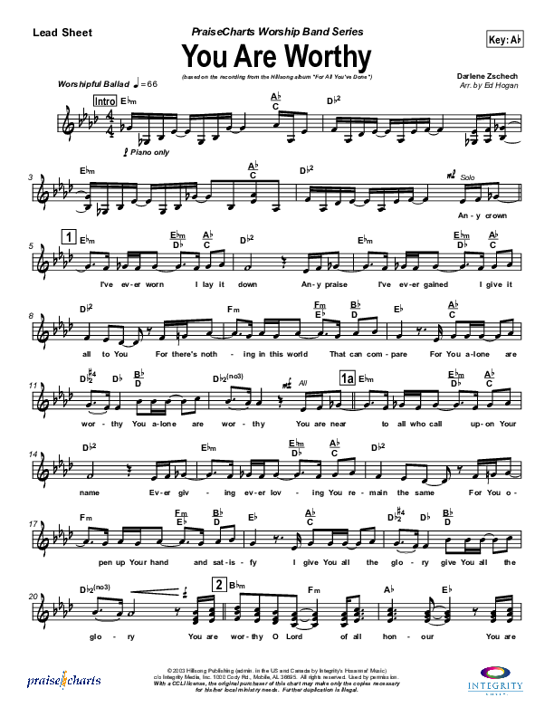 You Are Worthy Lead Sheet (SAT) (Hillsong Worship)