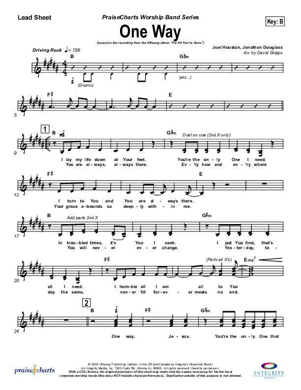 One Way Lead Sheet (Hillsong Worship)