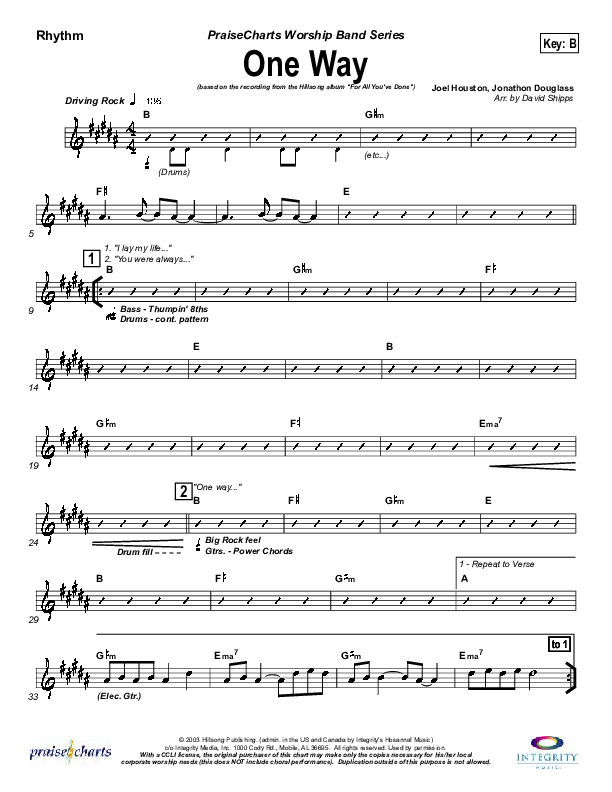 One Way Rhythm Chart (Hillsong Worship)