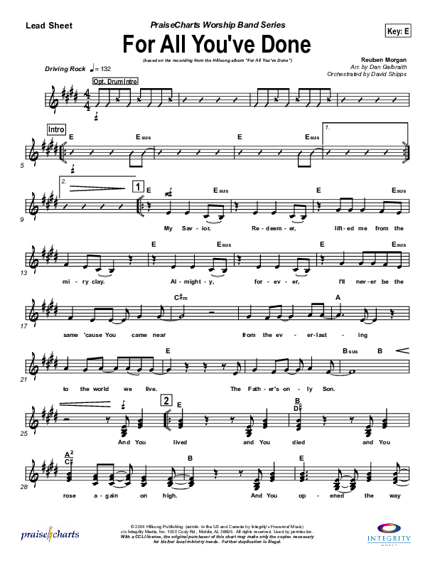 For All You've Done Lead Sheet (Hillsong Worship)
