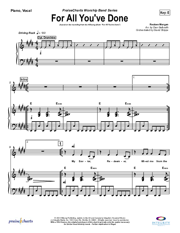 For All You've Done Piano/Vocal (Hillsong Worship)