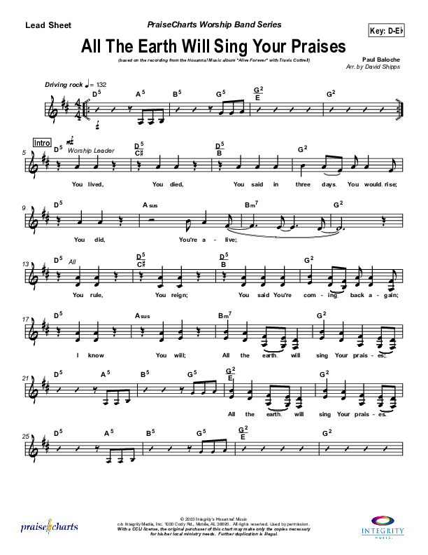 All The Earth Will Sing Your Praises Lead Sheet (Travis Cottrell)