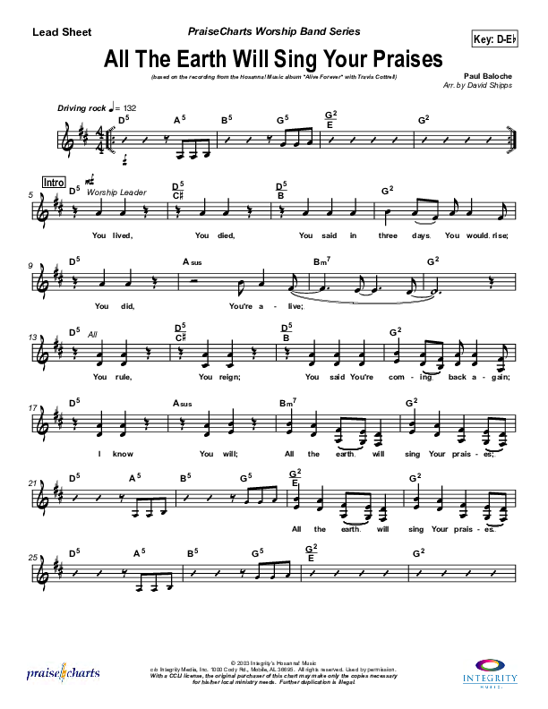 All The Earth Will Sing Your Praises Lead Sheet (SAT) (Travis Cottrell)