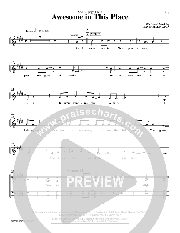Awesome In This Place Choir Sheet (SATB) (Dave Billington)