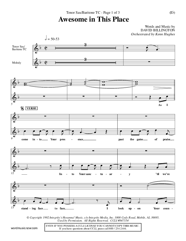 Awesome In This Place Tenor Sax 1 (Dave Billington)