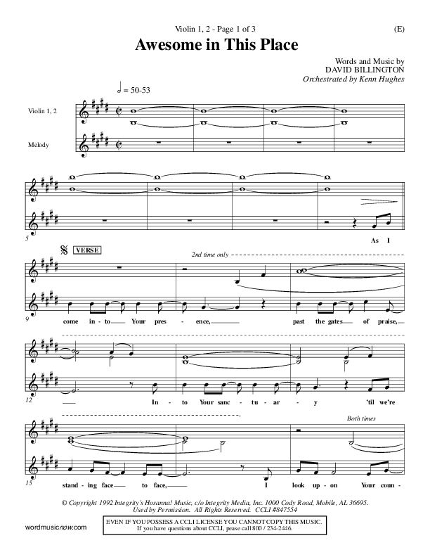 Awesome In This Place Violin 1/2 (Dave Billington)