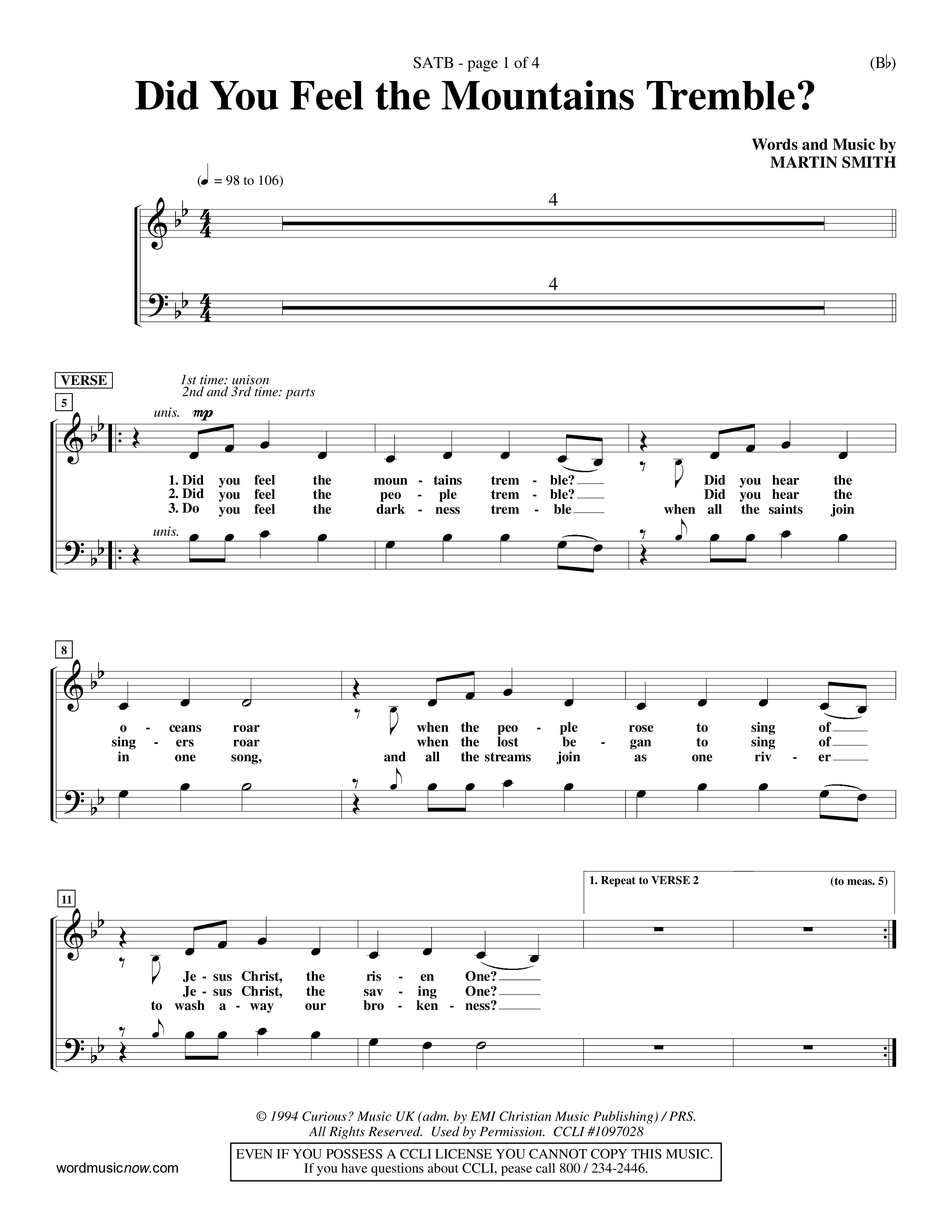 Did You Feel the Mountains Tremble Choir Sheet (SATB) (Delirious)