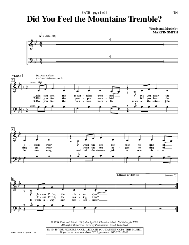 Did You Feel the Mountains Tremble Choir Sheet (SATB) (Delirious)
