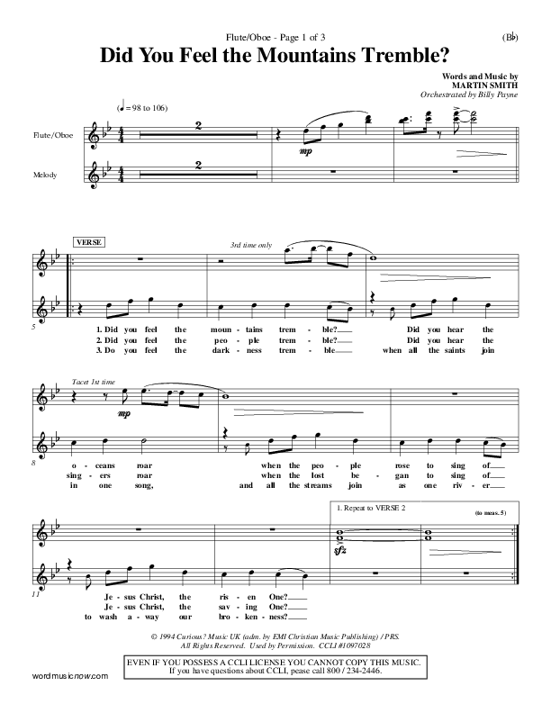 Did You Feel the Mountains Tremble Flute/Oboe (Delirious)