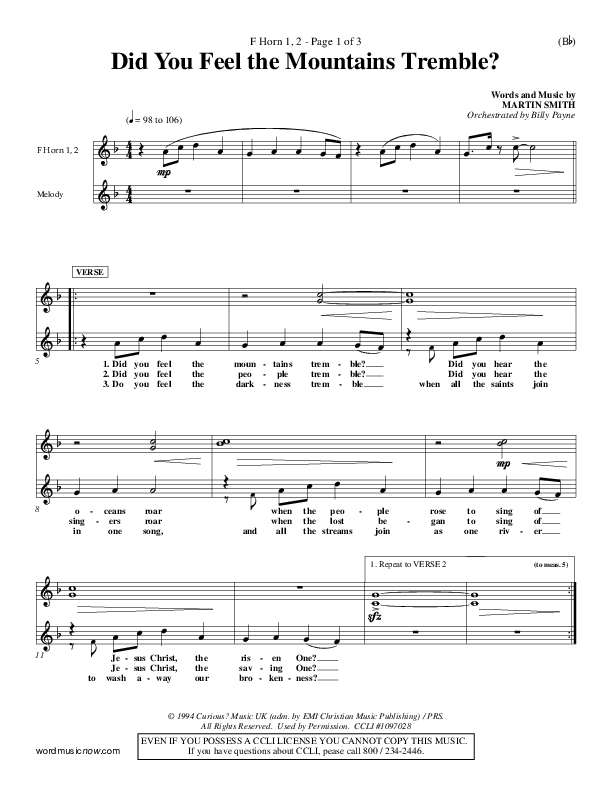 Did You Feel the Mountains Tremble French Horn 1/2 (Delirious)