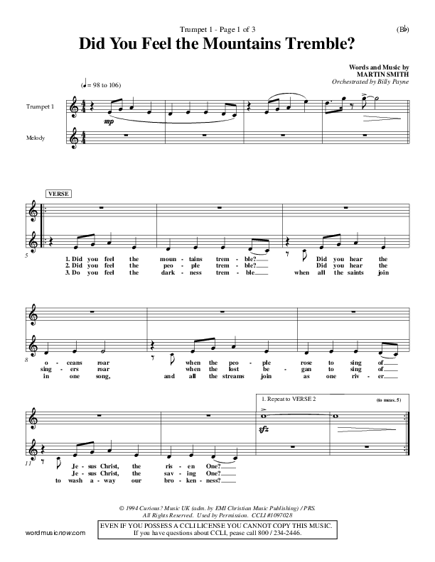 Did You Feel the Mountains Tremble Trumpet 1 (Delirious)