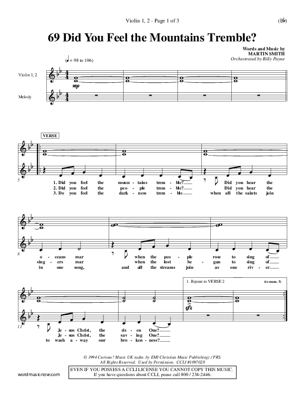 Did You Feel the Mountains Tremble Violin 1/2 (Delirious)