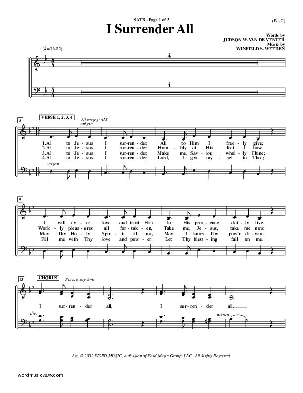 I Surrender All Choir Vocals (SATB) (Judson van DeVenter)