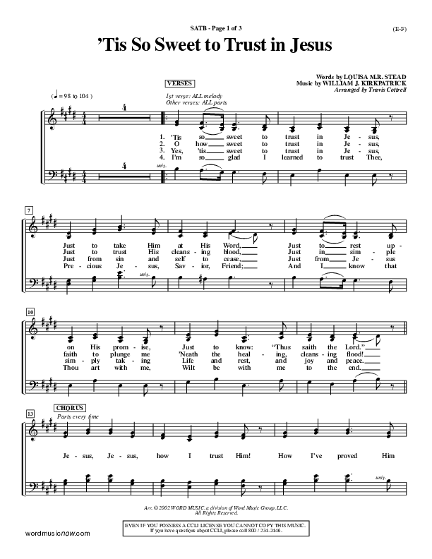 Tis So Sweet To Trust In Jesus Choir Vocals (SATB) (Travis Cottrell)