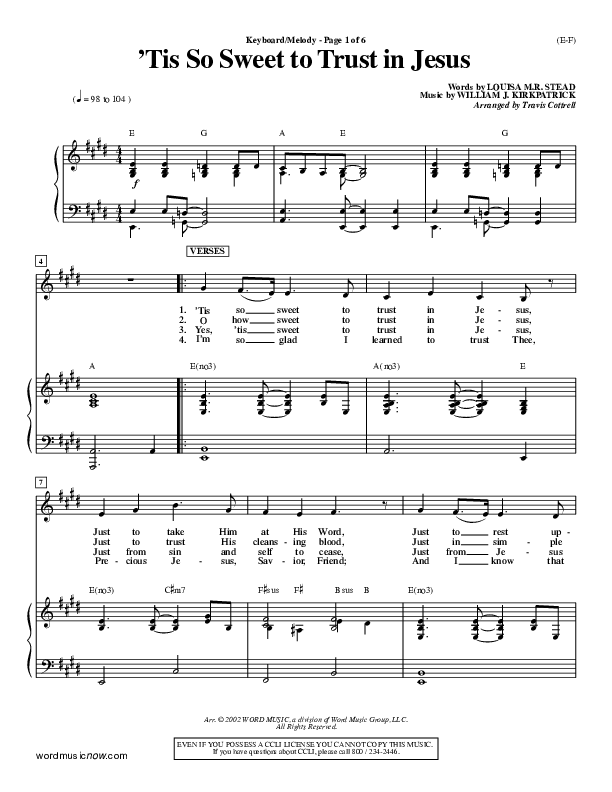 Tis So Sweet To Trust In Jesus Lead Sheet (Travis Cottrell)