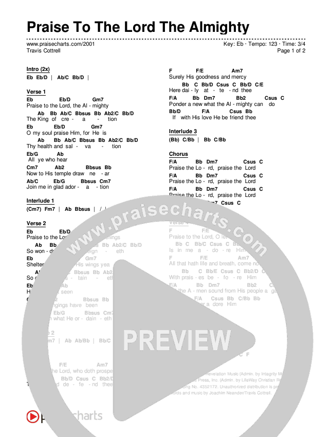 Praise To The Lord The Almighty Chords & Lyrics (Travis Cottrell)