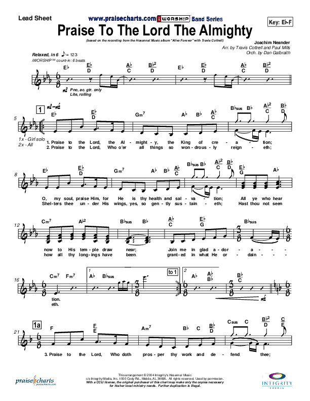 Praise To The Lord The Almighty Lead Sheet (Travis Cottrell)