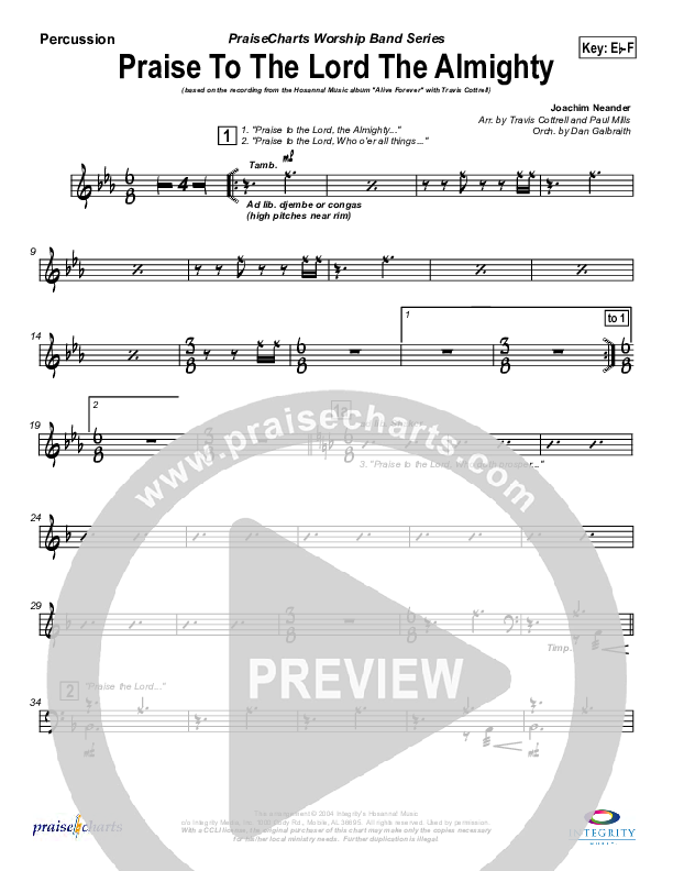 Praise To The Lord The Almighty Percussion (Travis Cottrell)