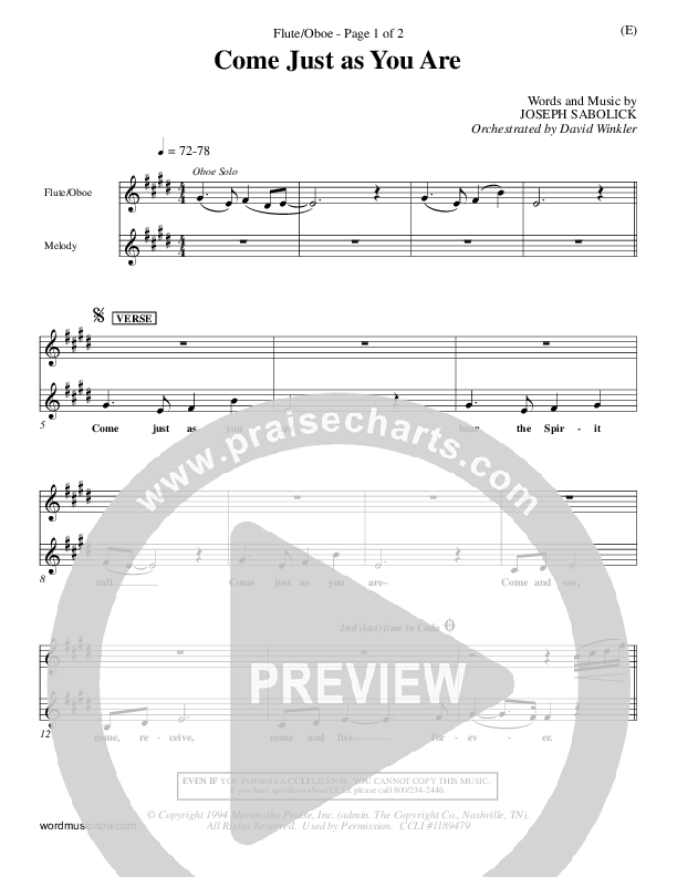 Come Just As You Are Flute/Oboe (Joseph Sabolink)