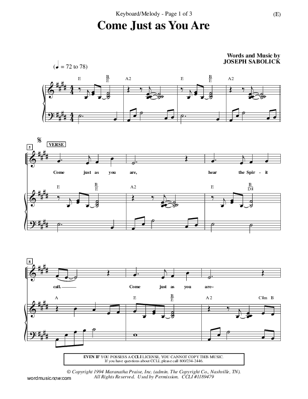 Come Just As You Are Piano/Vocal (Joseph Sabolink)