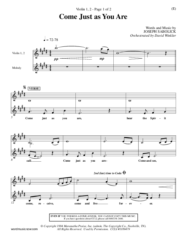Come Just As You Are Violin 1/2 (Joseph Sabolink)