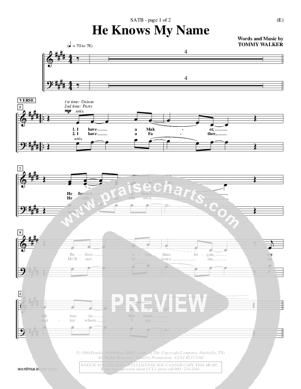 He Knows My Name Choir Sheet (SATB) (Tommy Walker)