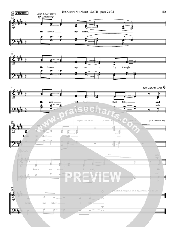He Knows My Name Choir Sheet (SATB) (Tommy Walker)