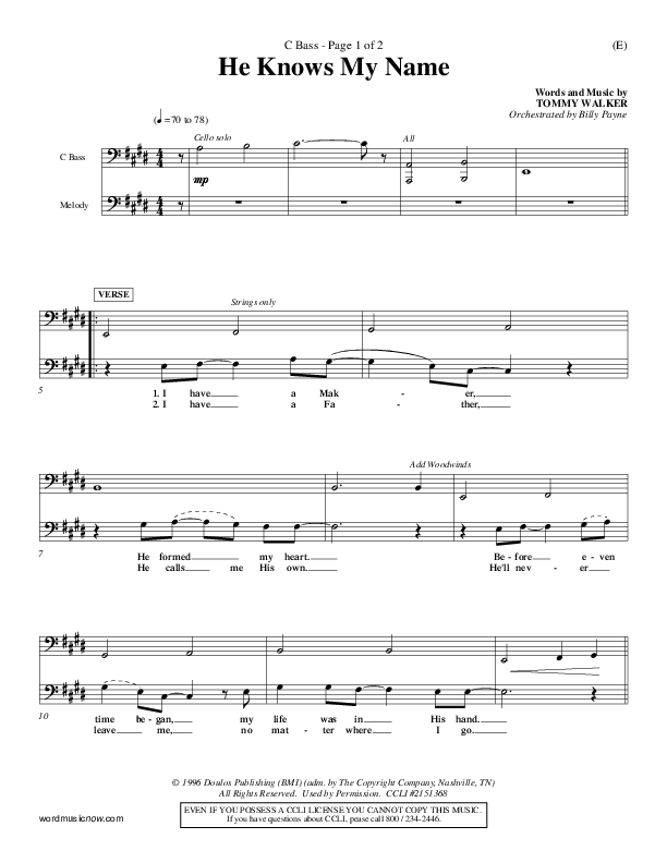 He Knows My Name Contrabass (Tommy Walker)