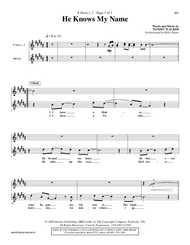He Knows My Name French Horn 1/2 (Tommy Walker)