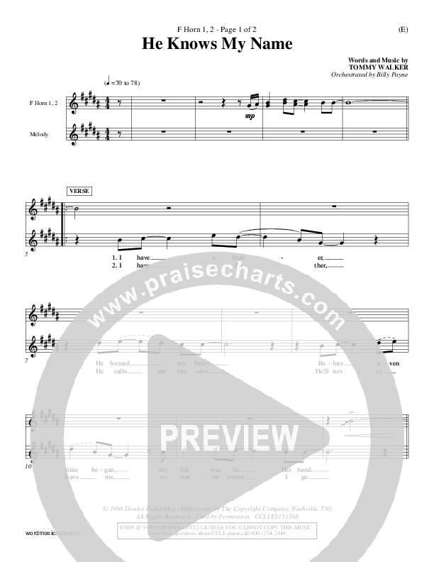 He Knows My Name French Horn 1/2 (Tommy Walker)
