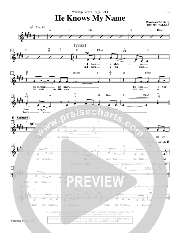 He Knows My Name Lead Sheet (Tommy Walker)