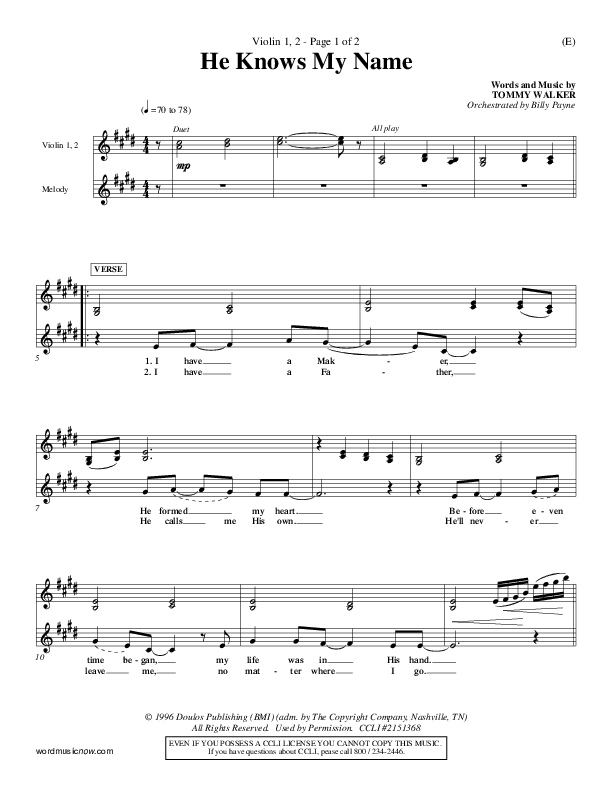 He Knows My Name Violin 1/2 (Tommy Walker)