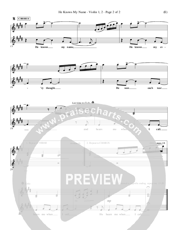 He Knows My Name Violin 1/2 (Tommy Walker)