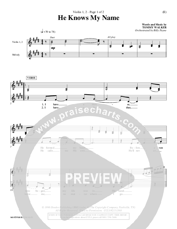 He Knows My Name Violin 1/2 (Tommy Walker)