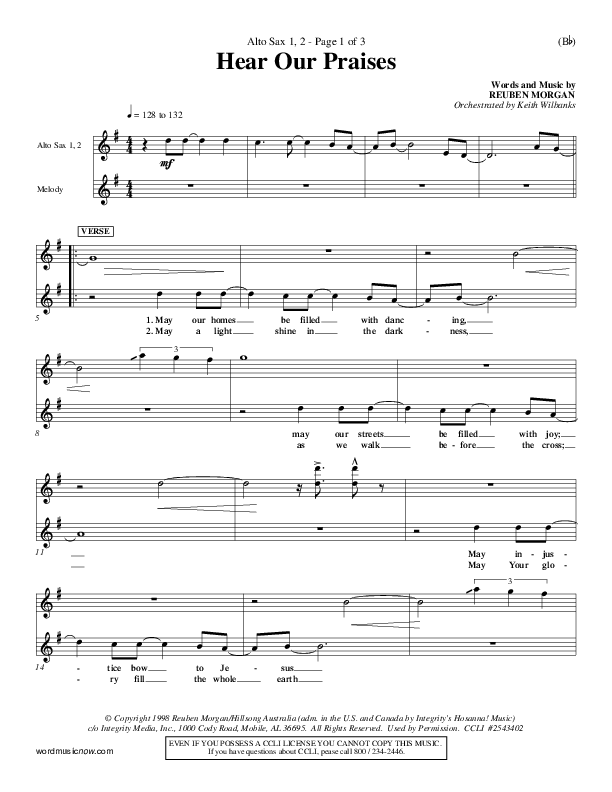 Hear Our Praises Alto Sax 1/2 (Reuben Morgan)