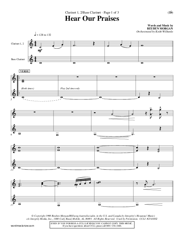 Hear Our Praises Clarinet 1/2, Bass Clarinet (Reuben Morgan)