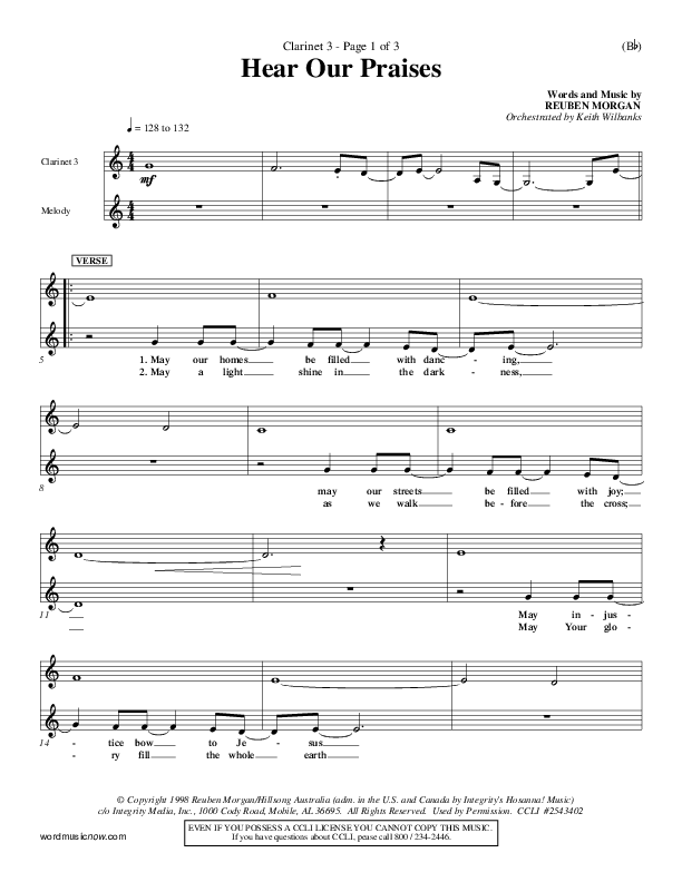 Hear Our Praises Clarinet 3 (Reuben Morgan)