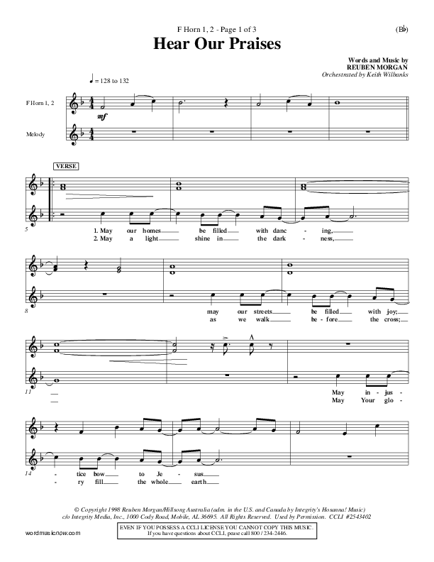 Hear Our Praises French Horn 1/2 (Reuben Morgan)