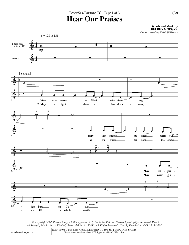 Hear Our Praises Tenor Sax/Baritone T.C. (Reuben Morgan)