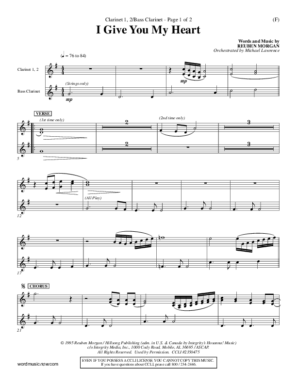 I Give You My Heart Clarinet 1/2, Bass Clarinet (Reuben Morgan)