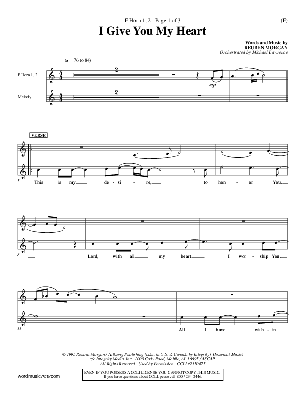 I Give You My Heart French Horn 1/2 (Reuben Morgan)