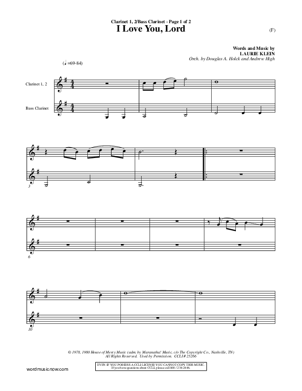 I Love You Lord Clarinet 1/2, Bass Clarinet (Laurie Klein)