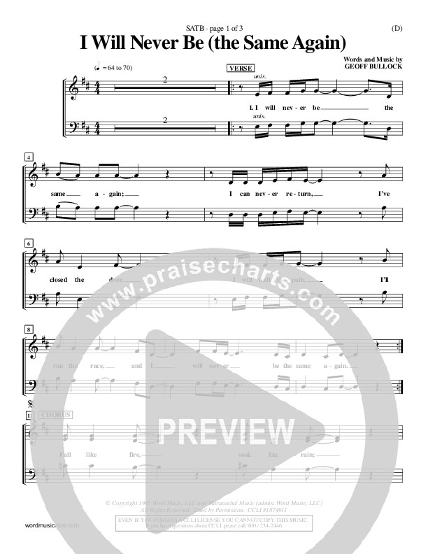 I Will Never Be Choir Sheet (SATB) (Geoff Bullock)