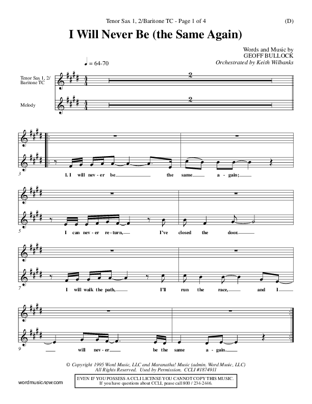 I Will Never Be Tenor Sax/Baritone T.C. (Geoff Bullock)