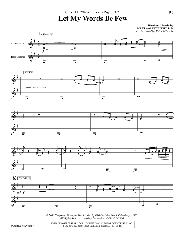 Let My Words Be Few Clarinet 1/2, Bass Clarinet (Matt Redman)